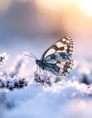 Obraz premium A delicate butterfly rests on frosted winter plants, bathed in golden sunlight