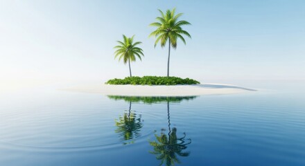 Fototapeta premium Two palm trees stand tall on a small, sandy island surrounded by calm blue ocean water
