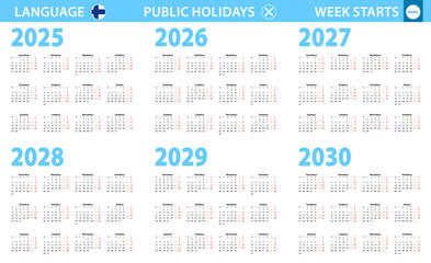 Calendar in Finnish language for year 2025, 2026, 2027, 2028, 2029, 2030. Week starts from Monday.