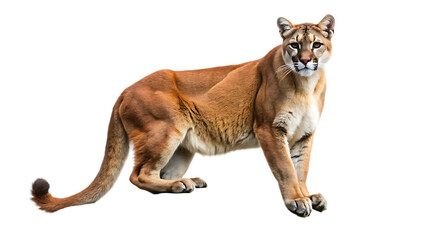 mountain lion perched on a rock ledge scanning isolated on white background,  png, ai generated.