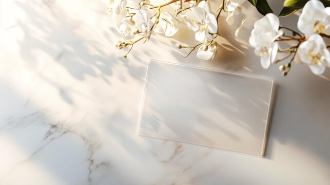  Elegant wedding RSVP card mockup with delicate orchid flowers on marble background, ideal for invitations design