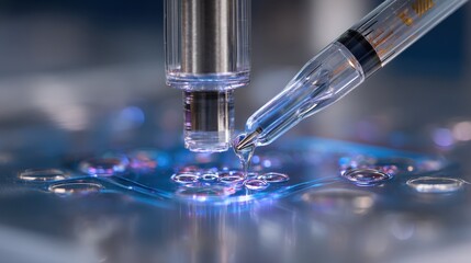 Scientific equipment precisely encapsulates probiotic mixture within tiny round beads on a microfluidic chip, illuminated by a blue light, showcasing advanced encapsulation technology