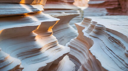 Macro photograph of dramatic layered white rock formations in a canyon