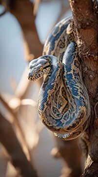 African Rock Python Coiled on Branch with Iridescent Scales