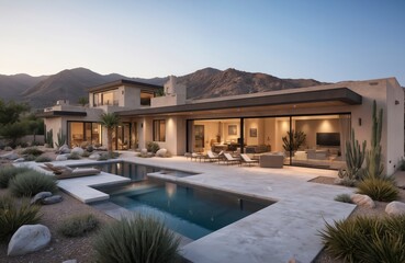 Fototapeta premium Modern desert house features minimalist architecture with pool, patio. Expansive glass windows offer scenic mountain views at dusk. Stone, succulent landscaping complement elegant, tranquil oasis.