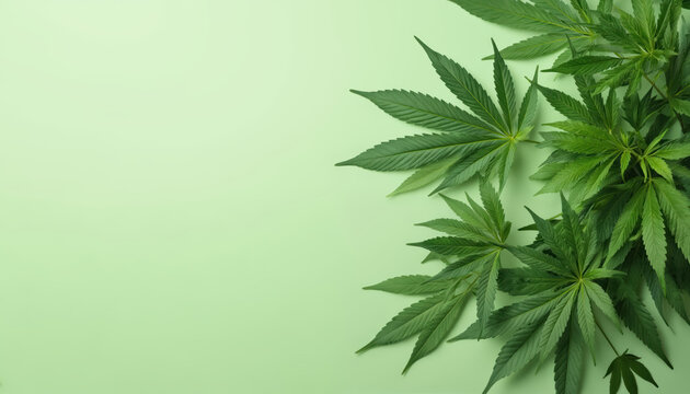 Close-up on vibrant green cannabis leaves arranged on soft green background. Image captures intricate details, natural beauty of marijuana foliage. Ideal for content related to herbal medicine,