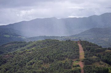 Panoramic view on Yunquera and surrunding pine forest from Puerto Saucillo viewpoint, Sierra de las Nieves national park, Andalusia, Spain