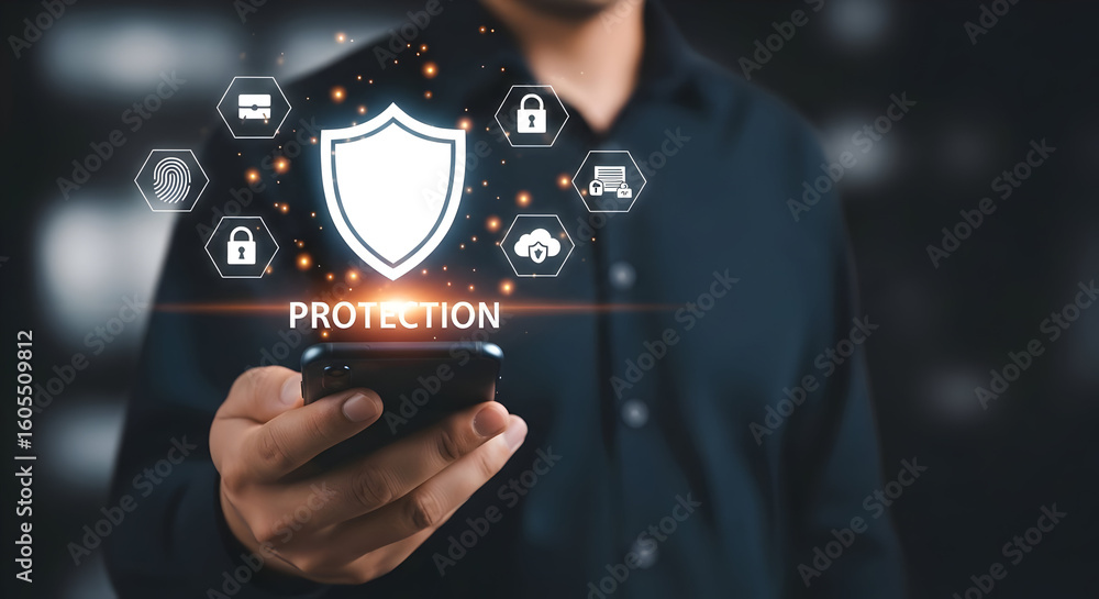 Poster man securing data with digital protection shield and mobile phone for cybersecurity needs