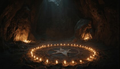 Mystical ritual circle formed with candles in dark cave setting. Star symbol on ground illuminated by flickering light. Eerie, sacred atmosphere for occult, spiritual, or magic themes.