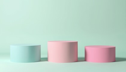 Three cylindrical pastel podiums in pink and light blue against a soft mint green background. Minimalist design perfect for product presentation, advertising, or branding.
