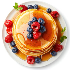 Stack of Pancakes Topped with Fresh Berries and Syrup