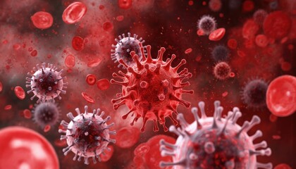 Vibrant microscopic illustration of immune system cells, red blood cells, viruses. Visualizes cellular biology, medical science concepts. Shows body defense response against pathogens with intricate,