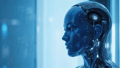Futuristic android profile with glowing blue tones. Close-up of metallic robot face, featuring intricate details and sleek, modern design. Evokes themes of AI, technology, and advanced cybernetics.