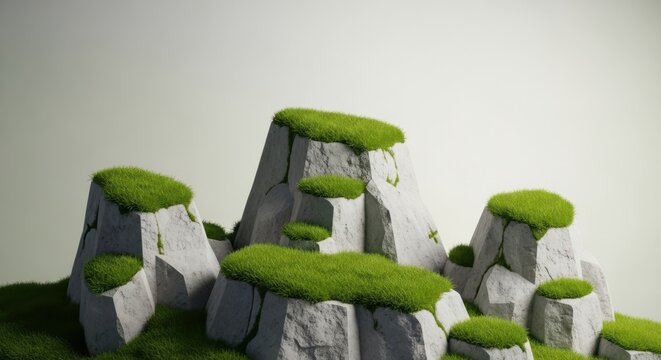 A cluster of mosscovered rocks forms a miniature mountain landscape under a soft, gradient sky