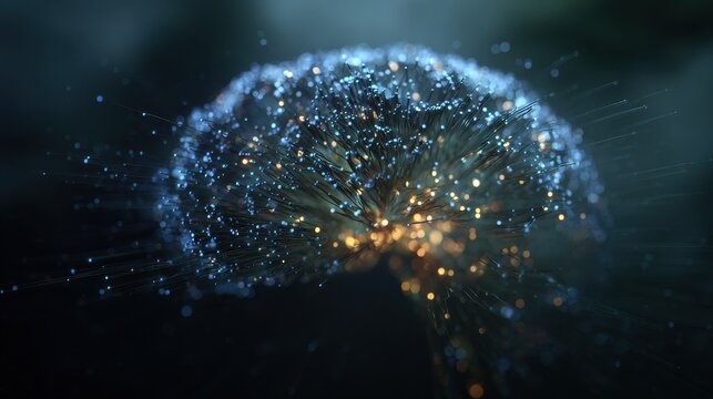 Artificial Intelligence: Futuristic representation of neural networks and data connectivity with glowing points and flowing strands.