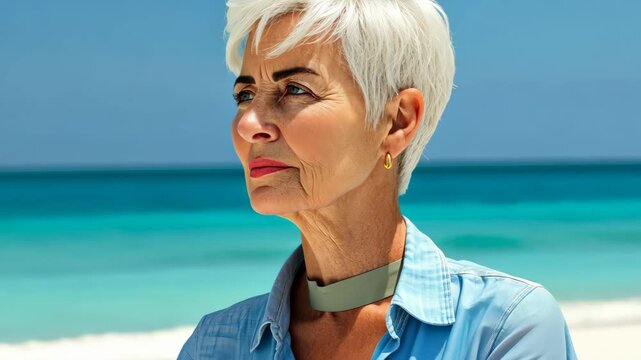Seaside Contemplation: A serene senior woman with short silver hair gazes pensively towards the horizon. Sunlight casts a soft glow upon her features.
