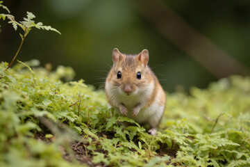 Obraz premium Adorable woodland mouse poses on rich green moss. Cute rodent, small mammal, charming furry details. Captivating closeup portrait in forest fauna highlights delicate features, perfect for nature