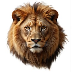 Obraz premium Close-up portrait of majestic lion head against clean white background. Features include detailed mane, piercing eyes, powerful presence. Regal animal strength, courage, perfect for nature wildlife