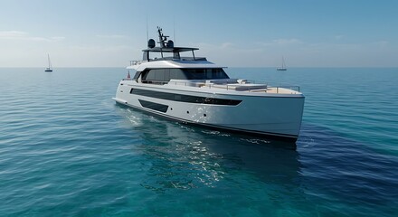Fototapeta premium Sleek white luxury yacht glides across calm turquoise ocean waters under a bright, clear sky.