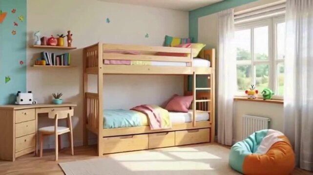 Inviting kids bedroom interior with wooden bunk bed, desk, and playful decor elements creates a cozy and imaginative space for children