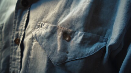 Close-up of a light blue shirt pocket with a small water drop on the button and fabric. The fabric is slightly textured and the lighting is dim.