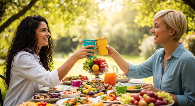 Two women cheerfully clinking juice glasses while enjoying a vibrant outdoor meal, surrounded by a table filled with fresh and colorful dishes