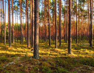 Obraz premium Sunlight through a pine forest