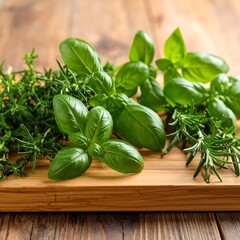 Fresh herbs on wooden board
