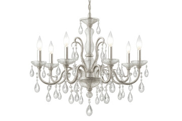 Crystal chandelier sparkling with radiant luminescence, casting elegant light patterns, suspended against transparent backdrop