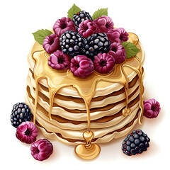 Stack of Pancakes Topped with Berries and Honey