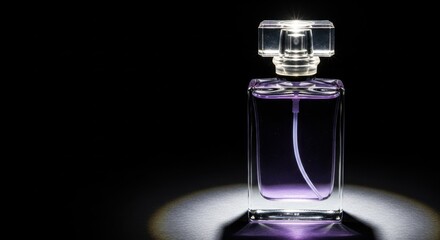 A luxurious purple perfume bottle is dramatically lit against a dark, moody background