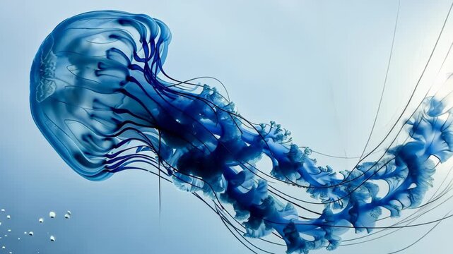 Celestial Jellyfish: A mesmerizing jellyfish glides gracefully through tranquil water, its ethereal form illuminated by natural light, an underwater ballet of serenity and delicate beauty.
