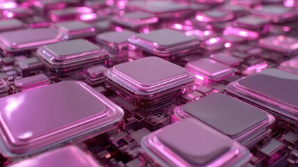 Abstract pink and silver surface with raised squares, resembling a circuit board or futuristic architecture. Metallic textures.