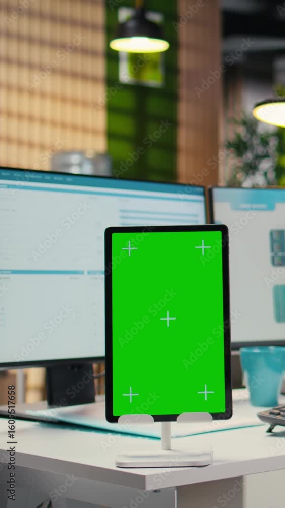 Poster vertical video business consultant examining forecasts with chroma key on tablet, working on extract