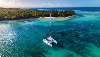 aerial views of a catamaran in clear blue and greenish water off the coast of a tropical island grand baie mauritius