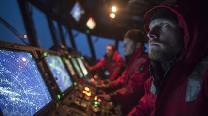 A wideangle image capturing the bridge of a vessel during a storm with crew members actively engaging the manual override system their focused expressions illuminated by the glow of