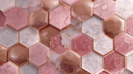 A pattern of pink, white, and copper-colored hexagonal tiles creates a stylish and modern aesthetic, showcasing a creative design.