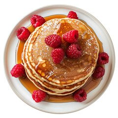 Stack of Pancakes Topped with Fresh Raspberries and Syrup