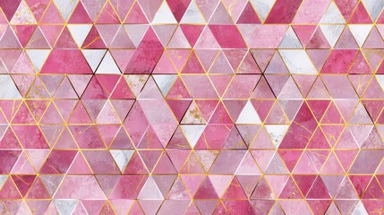Rose Quartz Geometric Art: An abstract pattern of pink, white, and gold triangles creating an elegant and modern marble design.