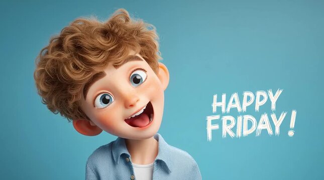 happy cartoon boy smiling and waving with happy friday message