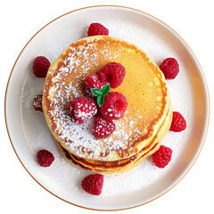 Stack of Pancakes Topped with Raspberries and Powdered Sugar on a White Plate