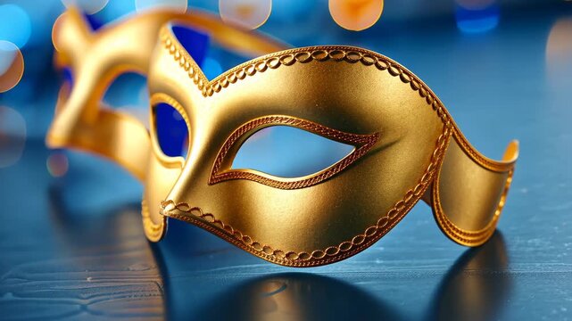 Golden Masks of Intrigue: Two opulent golden masks, steeped in mystery and glamour, rest alluringly against a deep blue, suggesting a clandestine masquerade. 
