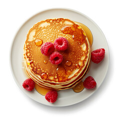 Stack of Golden Pancakes Topped with Fresh Raspberries and Drizzled Honey