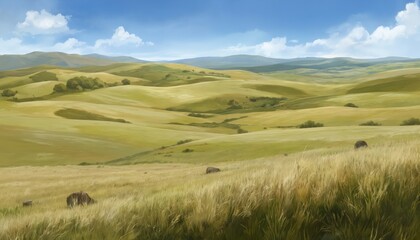 Fototapeta premium Vast rolling prairie landscape with distant hills under blue sky with clouds. Golden-green grasses, scattered bushes dominate foreground, evoking sense of wide-open, natural wilderness, tranquil