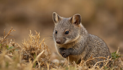 Obraz premium Cute bandicoot rodent in natural habitat. Wildlife photography features small mammal with fluffy fur, sitting in dry grass. Telephoto lens captures detailed closeup of adorable animal in forest,