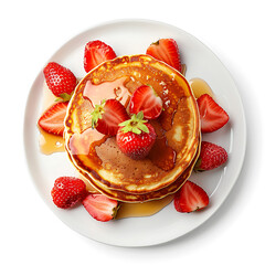 Stack of Pancakes Topped with Fresh Strawberries and Syrup on a White Plate