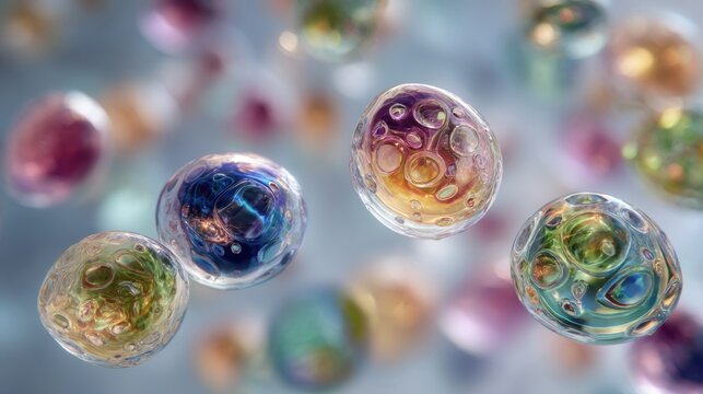 Microscopic biocompatible beads encapsulate diverse living probiotics, their translucent shells highlighting the swirling colors of the microbes inside