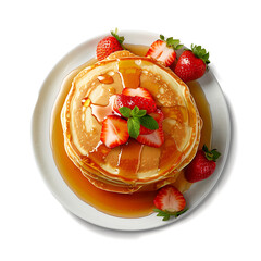 Stack of Pancakes Topped with Fresh Strawberries and Syrup