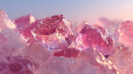 Close-up of pink translucent crystal-like structures, catching light and creating a soft, dreamy aesthetic.