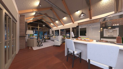 大きな窓があるリビングダイニング　3DCGレンダリング